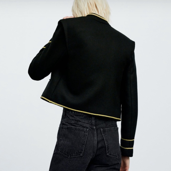 SOLD🥤 Zara Woman Textured Cropped Wool Blend Jacket Black Gold Buttons S NWT - Picture 6 of 16